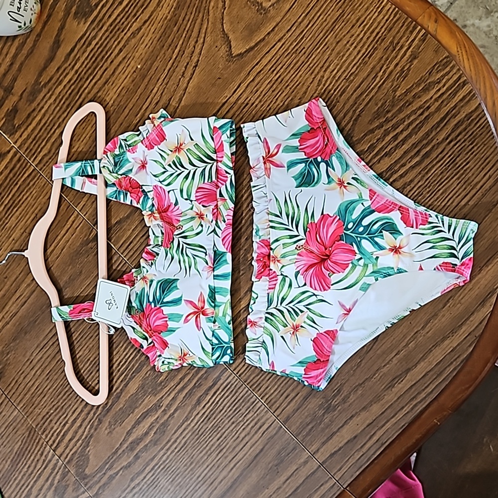 KAMONI Tropical Print Ruffled Scoop Neck High Waist Bikini Swimsuit-NEW-Sz S